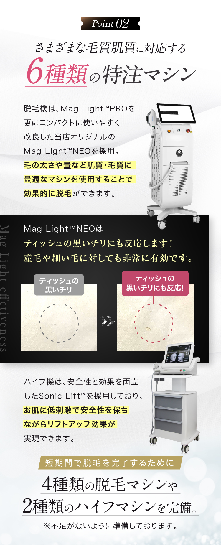 Point02 さまざまな毛質肌質に対応する6種類の特注マシン